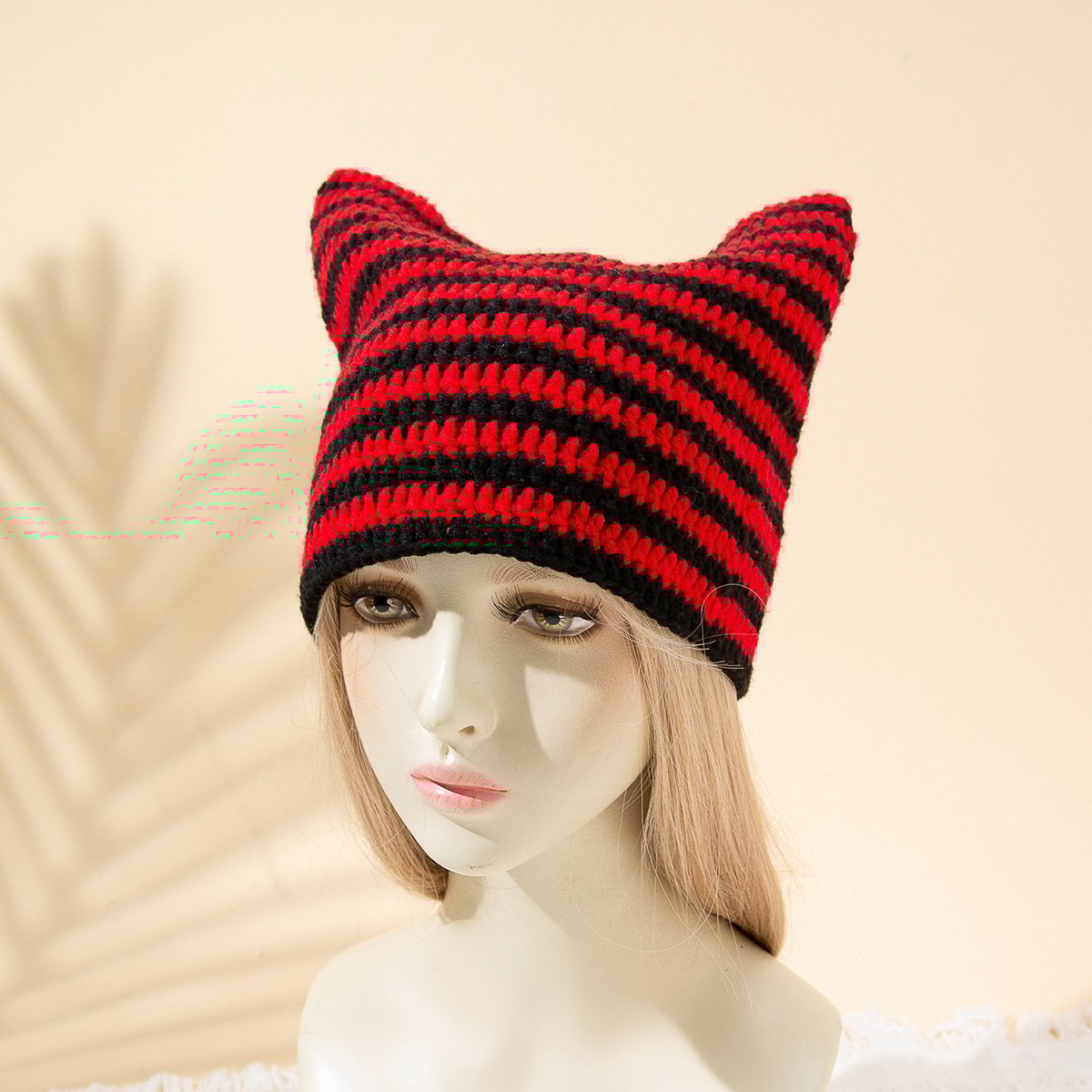 Women's Japanese Funny Little Devil Cat Ears Striped Knitted Woolen Cap