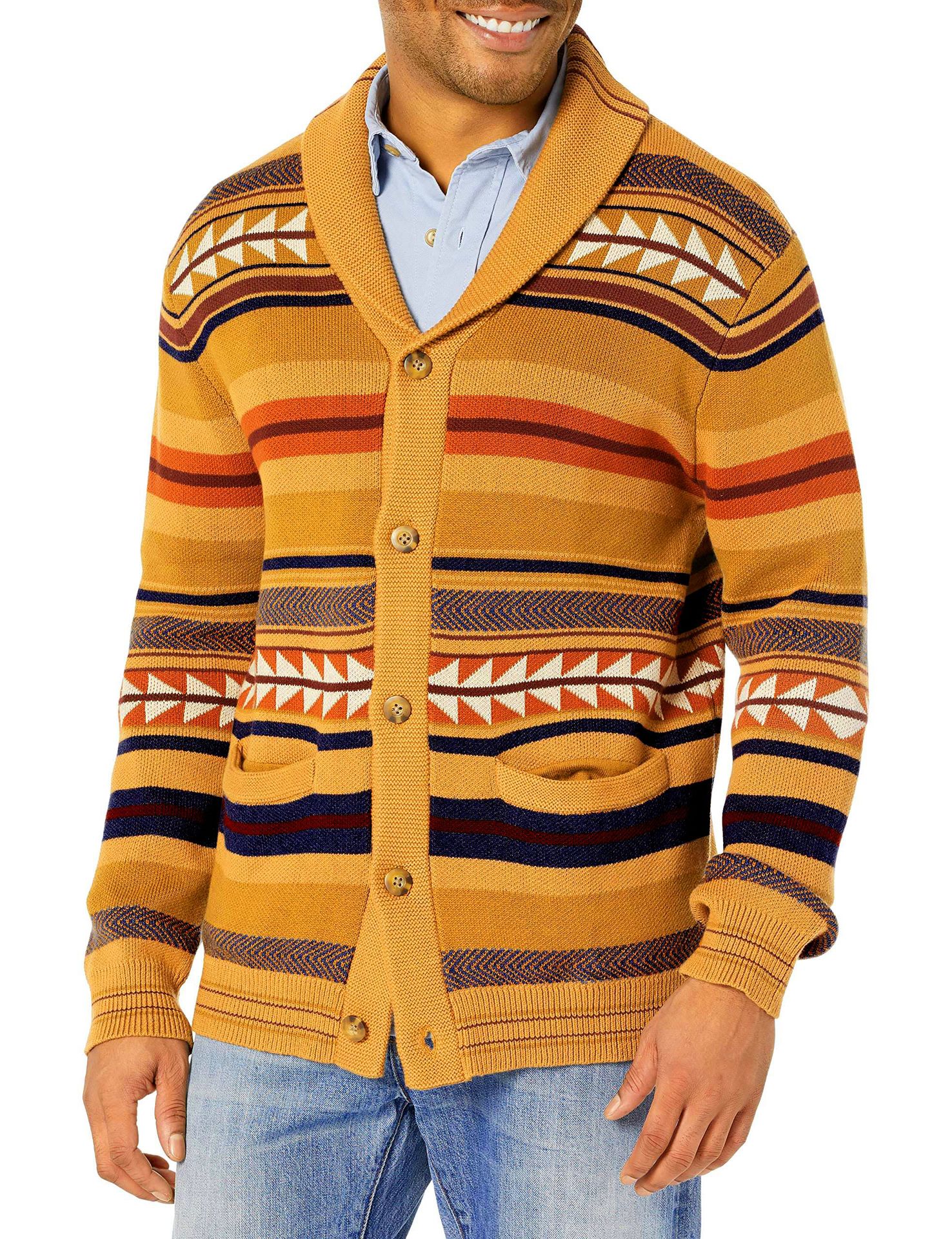 Contrasting Color Jacquard Knitted Cardigan Coat