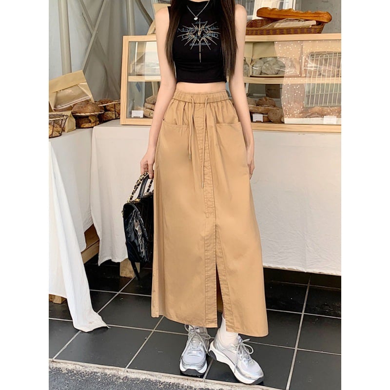 Korean Style Washed Cotton Midi Skirt 2