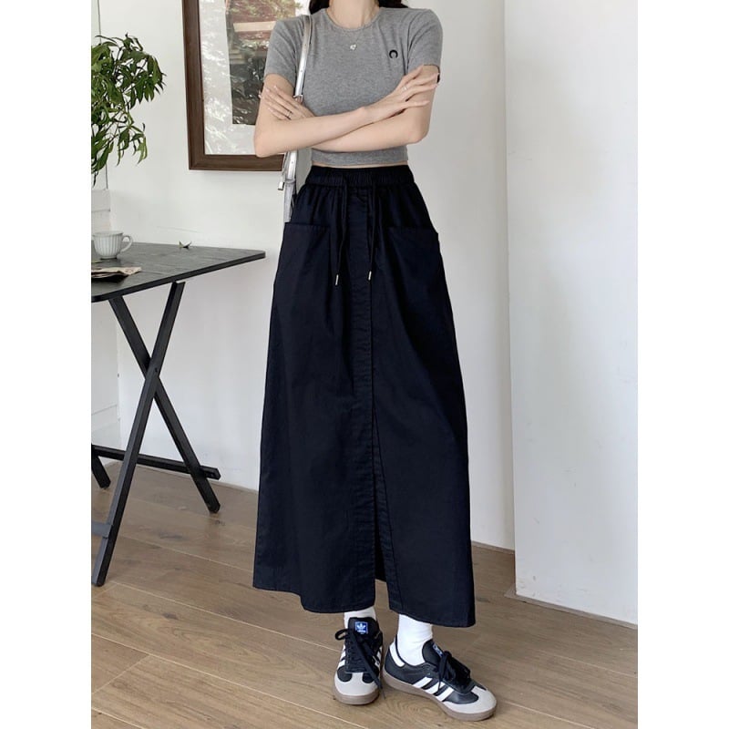 Korean Style Washed Cotton Midi Skirt 5