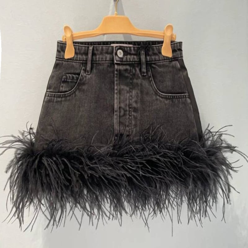 Ostrich Hair Black Denim Patchwork Skirt