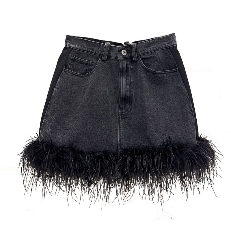 Ostrich Hair Black Denim Patchwork Skirt