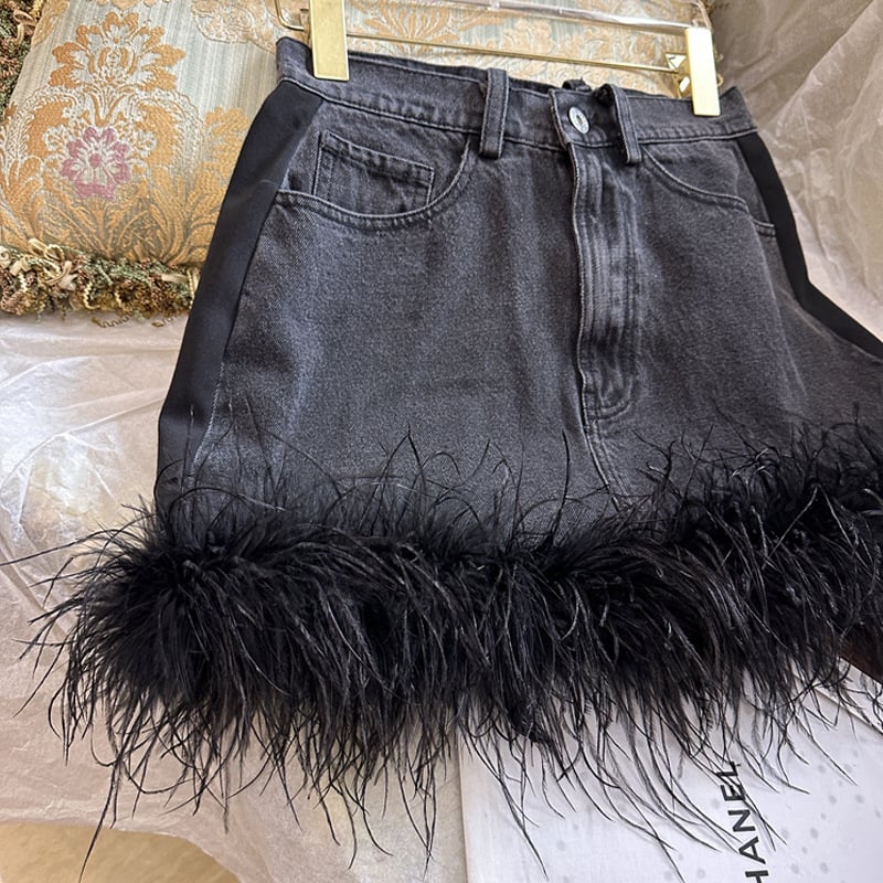 Ostrich Hair Black Denim Patchwork Skirt