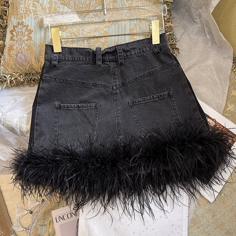 Ostrich Hair Black Denim Patchwork Skirt