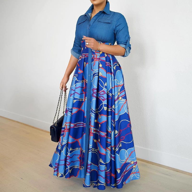 Women's Fashion Printing Lapel Dress Image 5