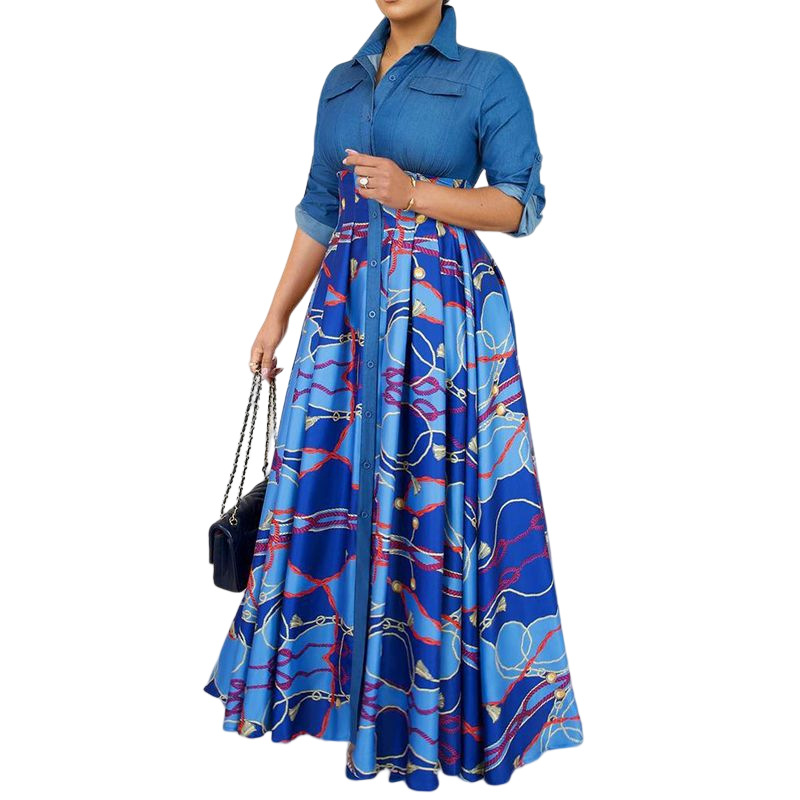 Women's Fashion Printing Lapel Dress Image 3