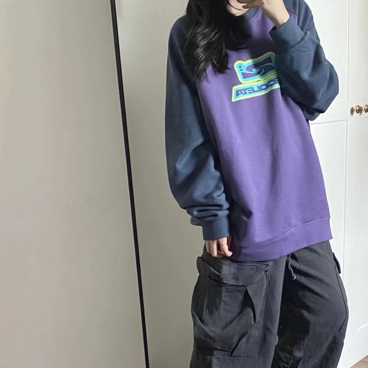 Female American Hiphop Color Contrast Patchwork Sweater Top Image 6