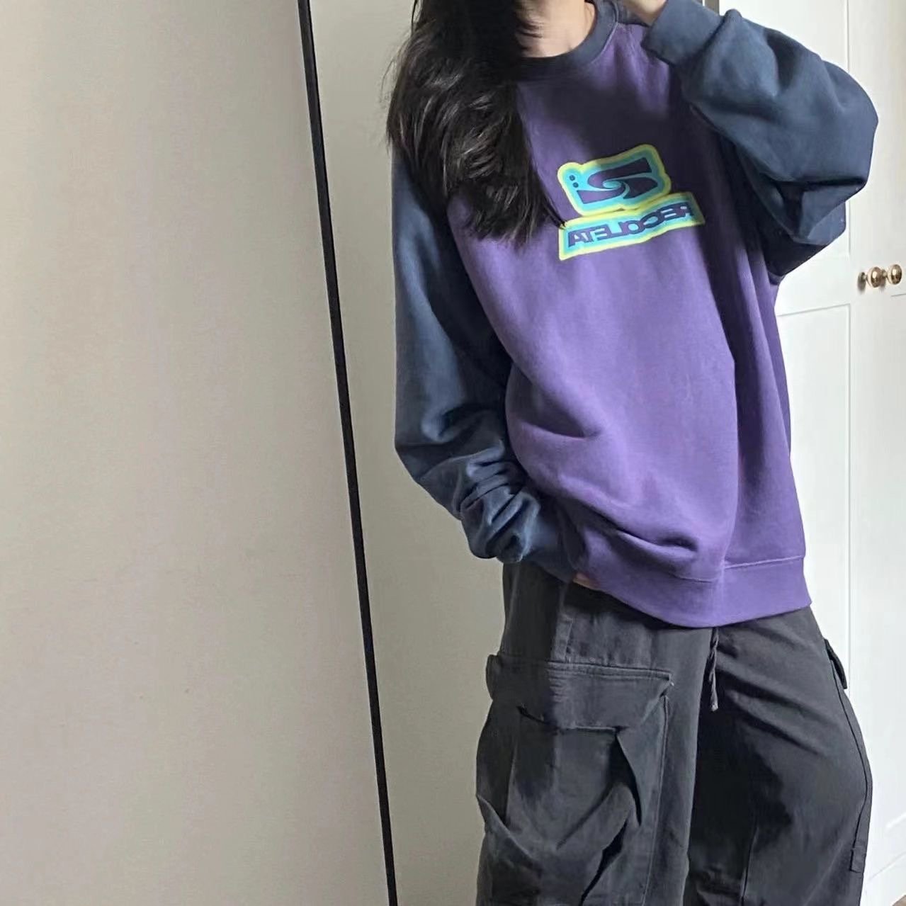 Female American Hiphop Color Contrast Patchwork Sweater Top Image 4
