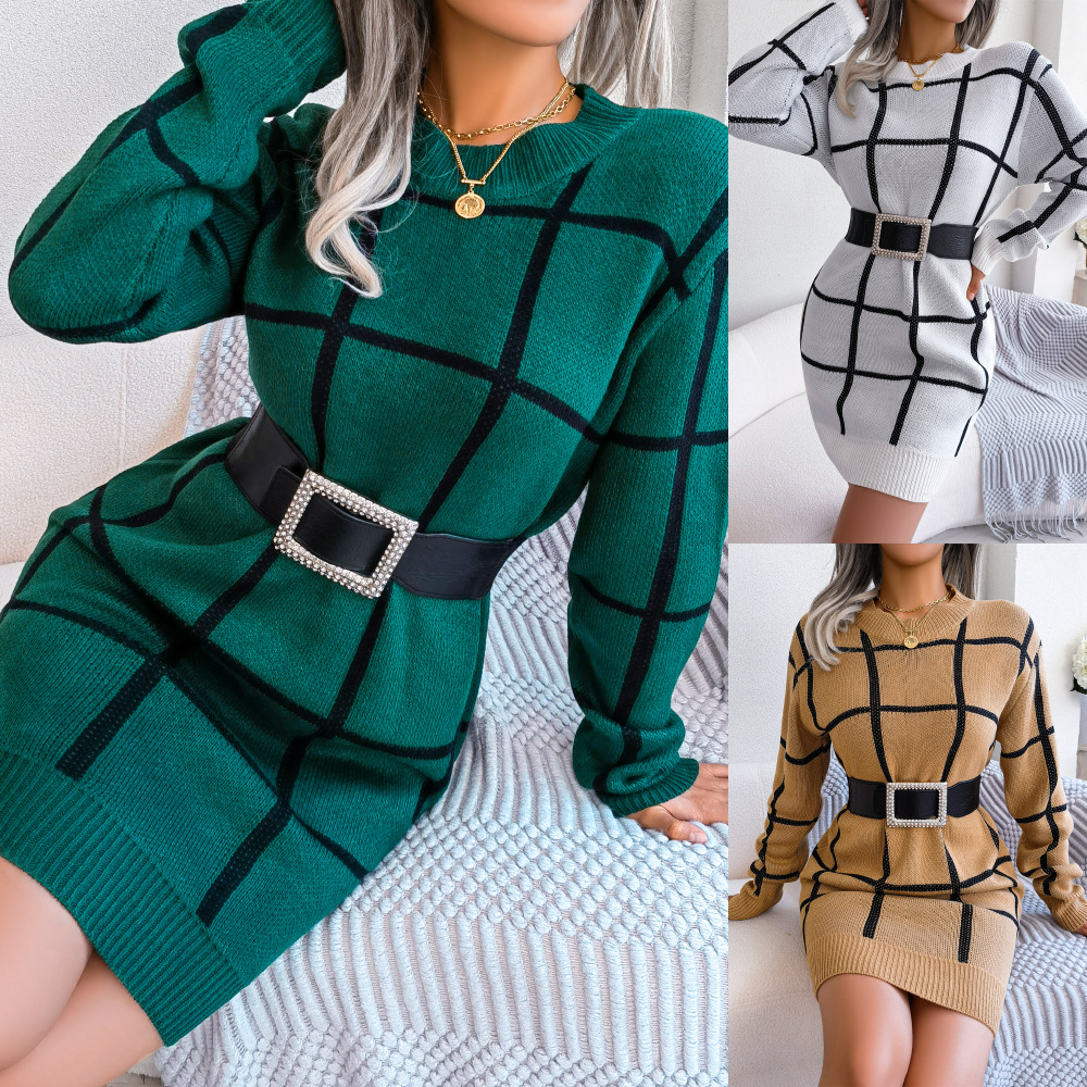 Casual Contrast Color Plaid Long Sleeve Base Sweater Dress 2