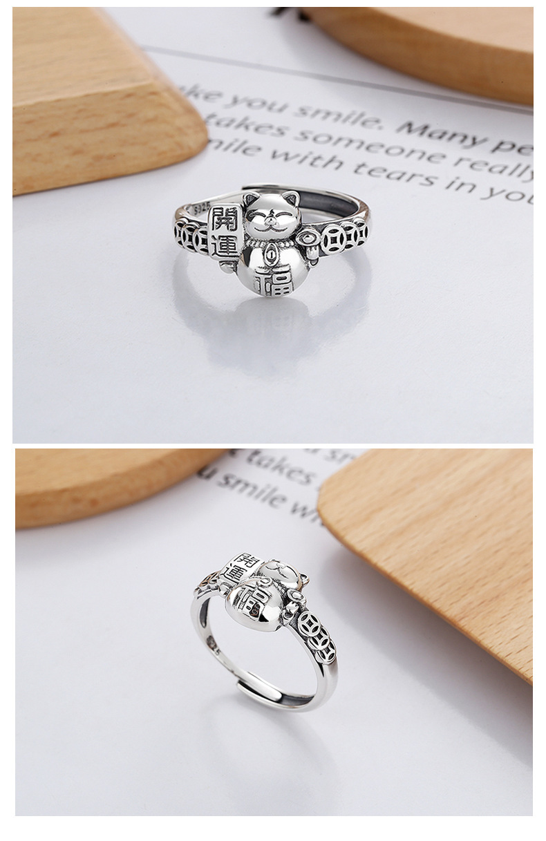 S925 Sterling Silver Vintage Distressed Lucky Cat Ring Image 3