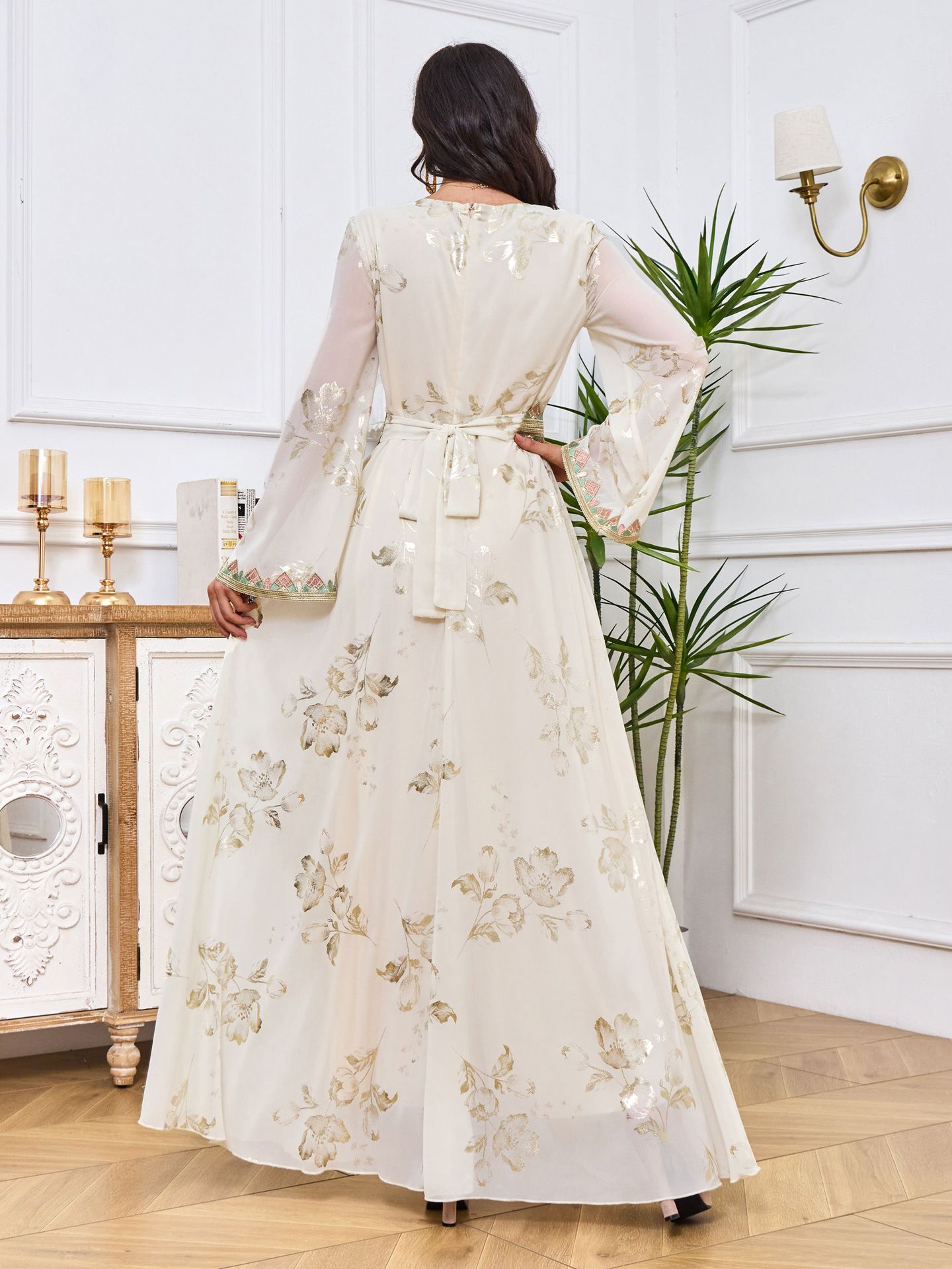 Gilded Embroidered Lace Modern White Dress Image 7