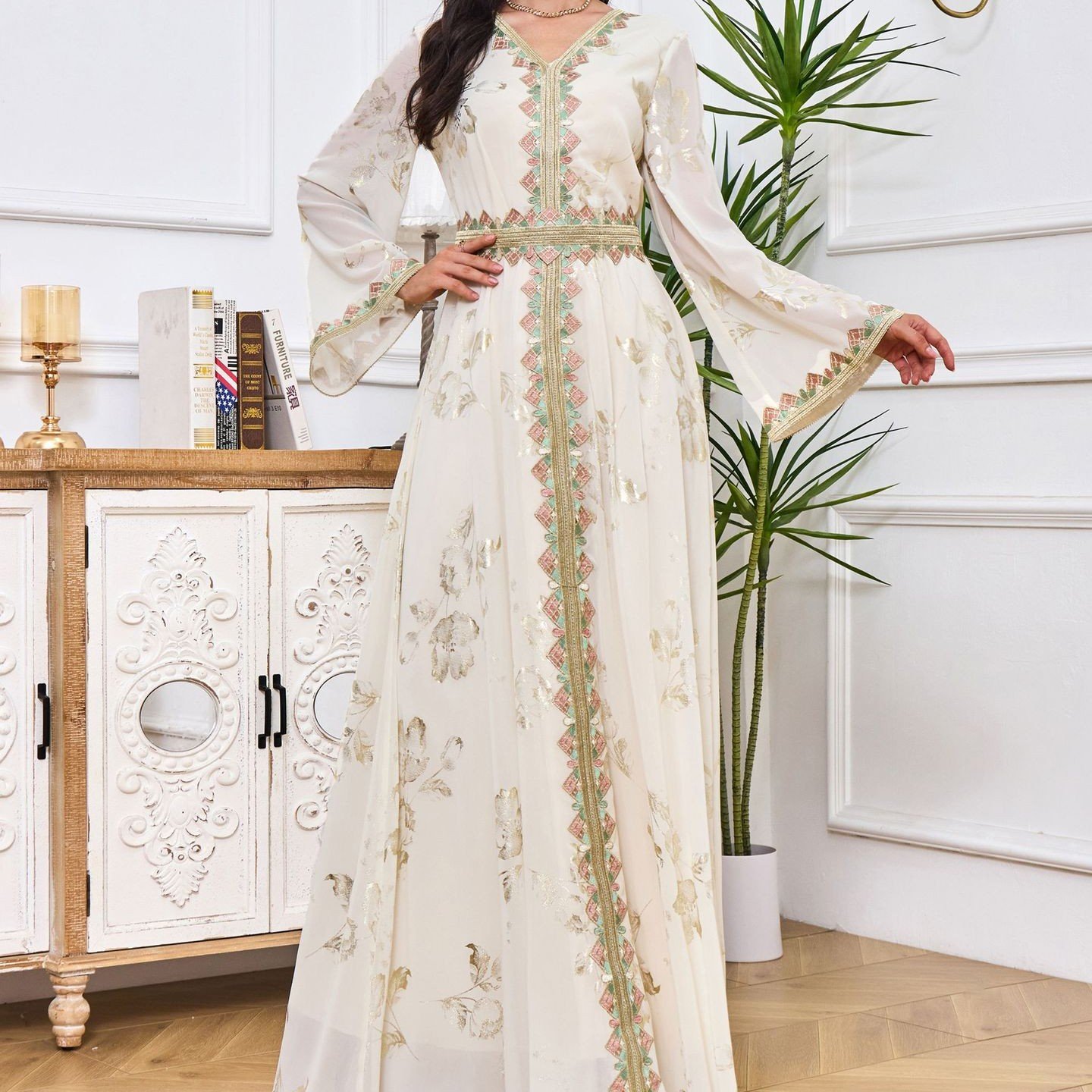 Gilded Embroidered Lace Modern White Dress Image 11
