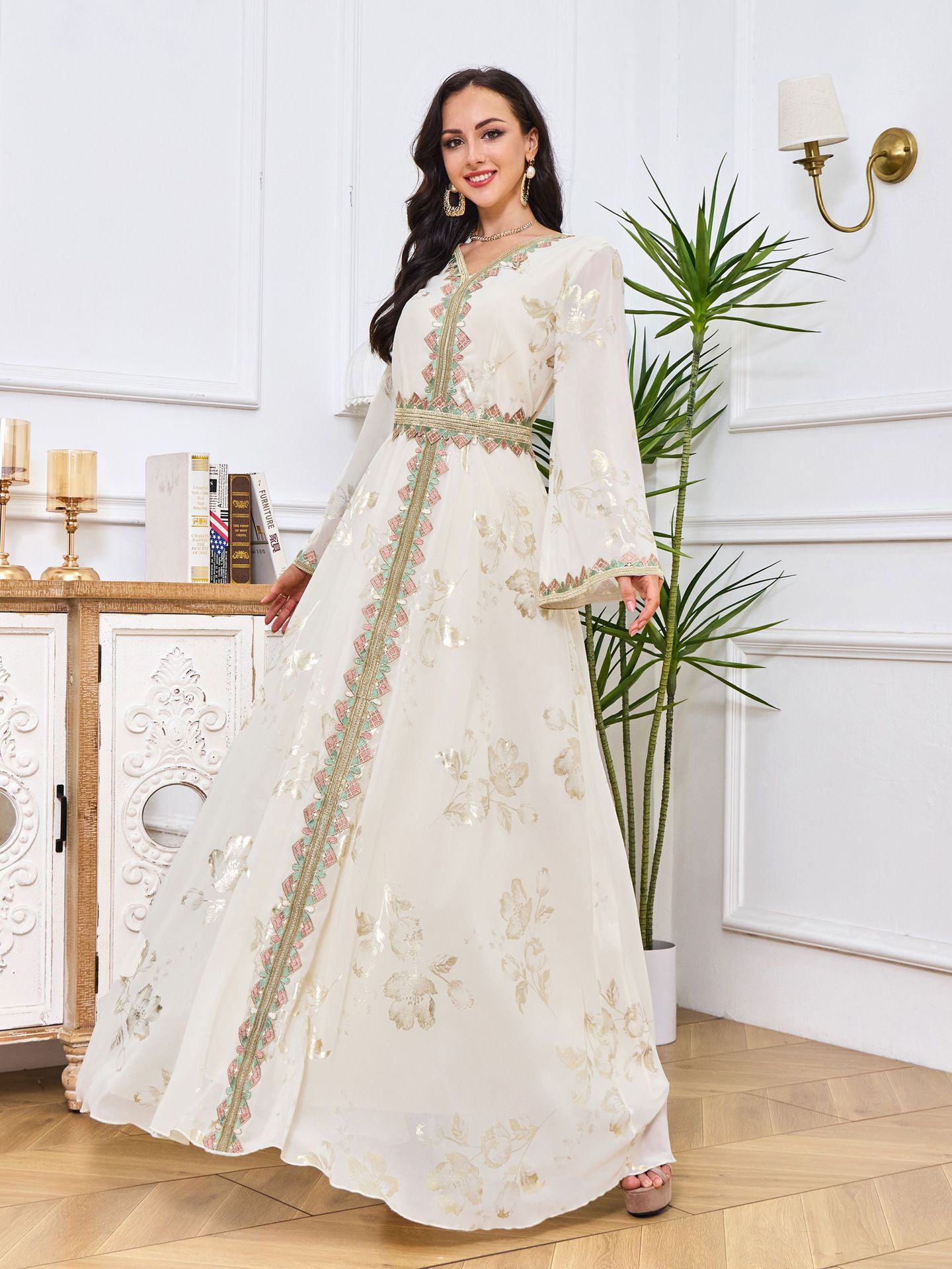 Gilded Embroidered Lace Modern White Dress Image 2