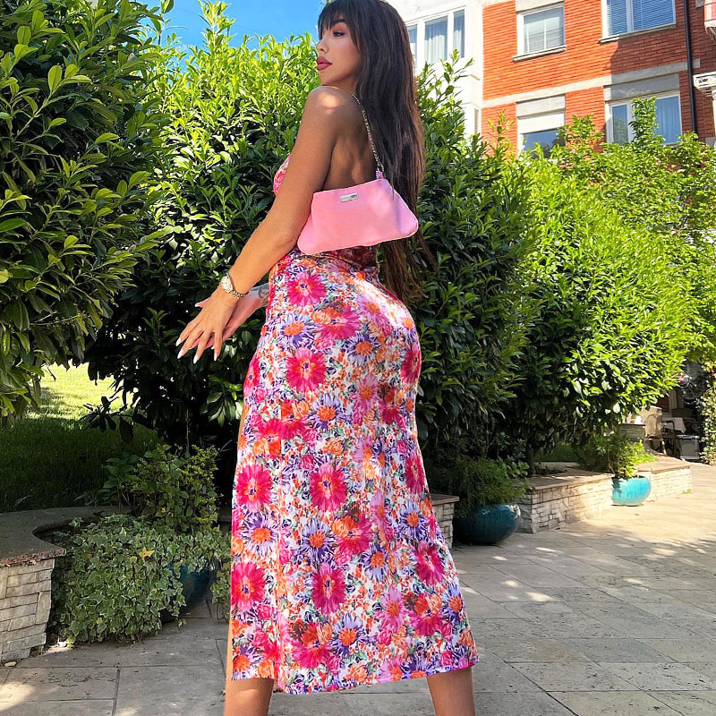 Digital Printed V‑Neck Suspender Dress with Split — lightweight milk‑silk summer dress 13