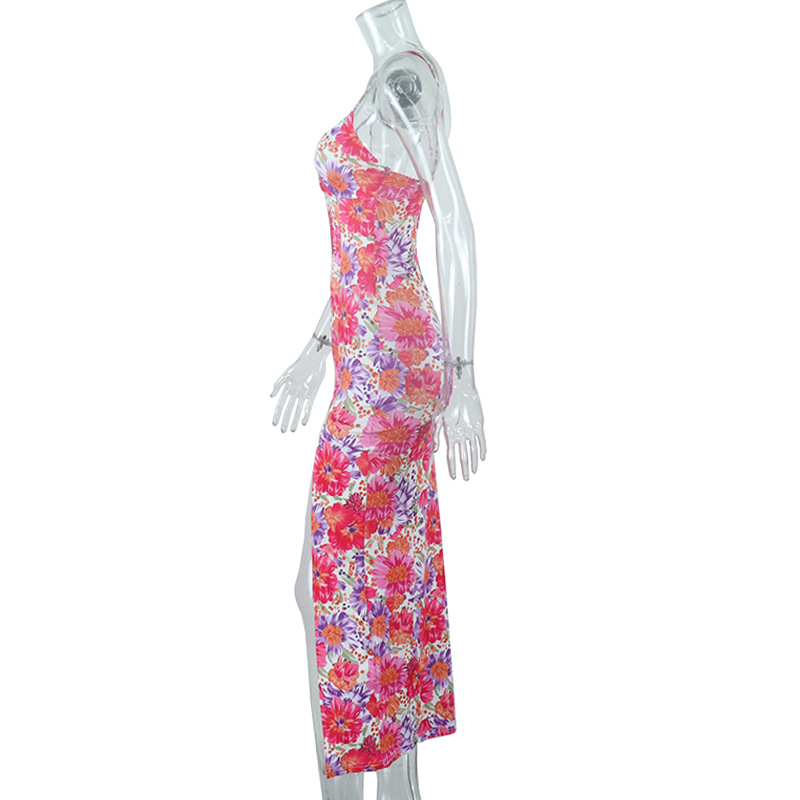 Digital Printed V‑Neck Suspender Dress with Split — lightweight milk‑silk summer dress 15