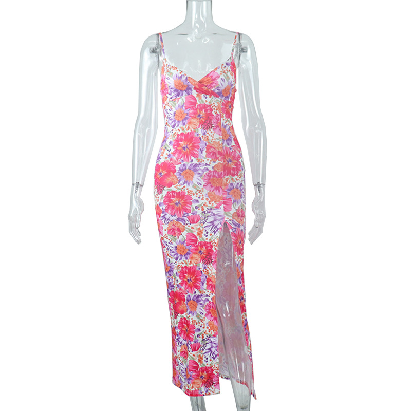 Digital Printed V‑Neck Suspender Dress with Split — lightweight milk‑silk summer dress 8