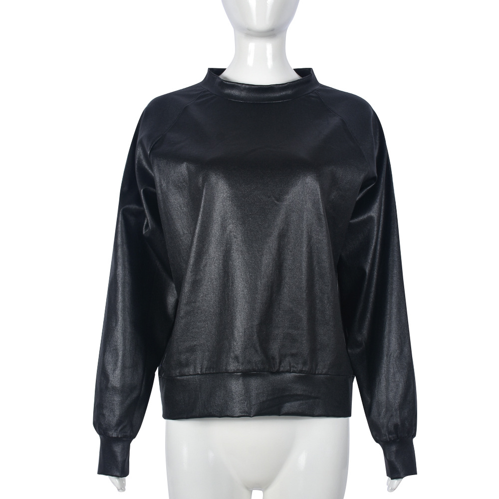 Round Neck Long Sleeve PU Leather Coat Image 4