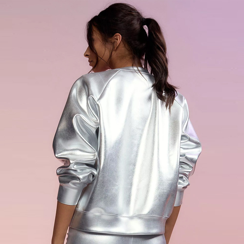 Round Neck Long Sleeve PU Leather Coat Image 5