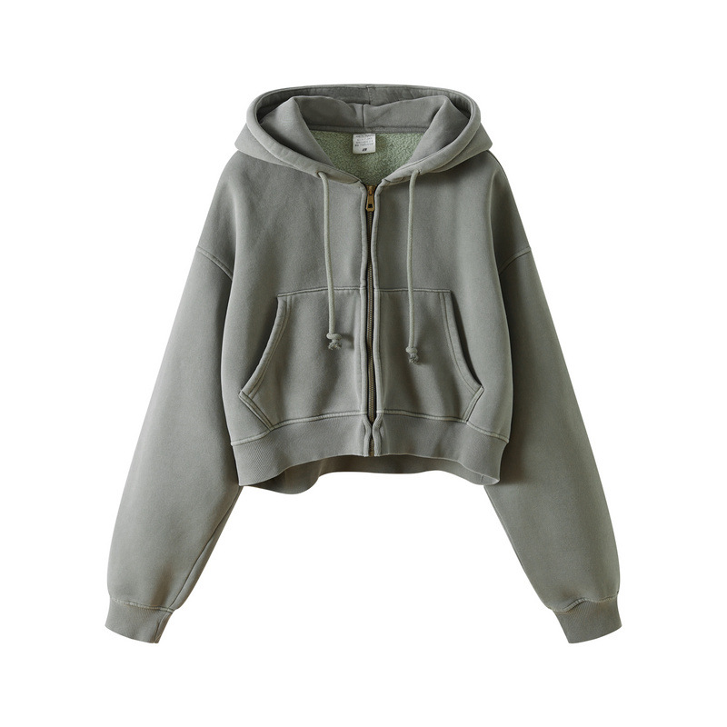 Washed Plush Zipper Hooded Sweater 6
