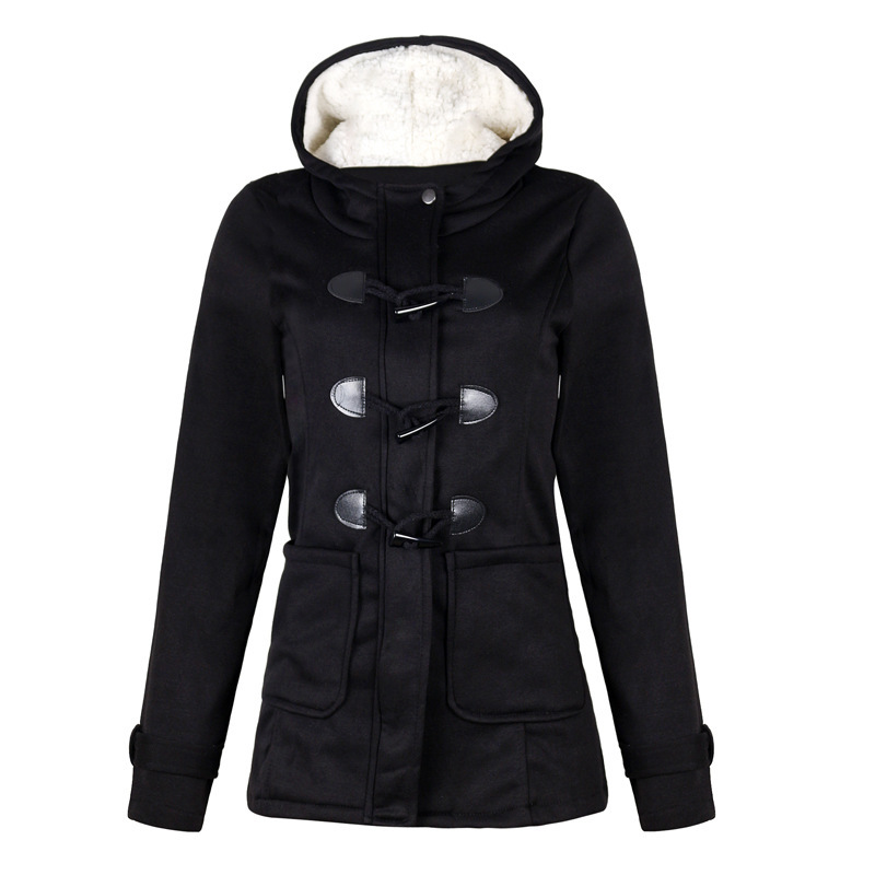 Women Warm Hooded Wool Double Button Coat - Side View