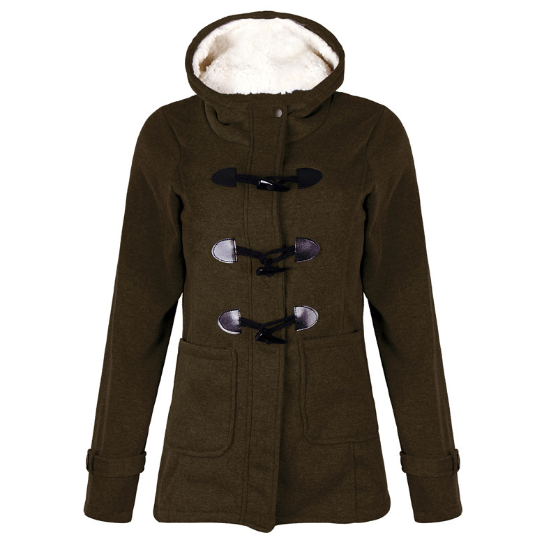 Women Warm Hooded Wool Double Button Coat - Detail View