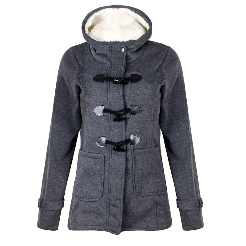 Women Warm Hooded Wool Double Button Coat - Close Up