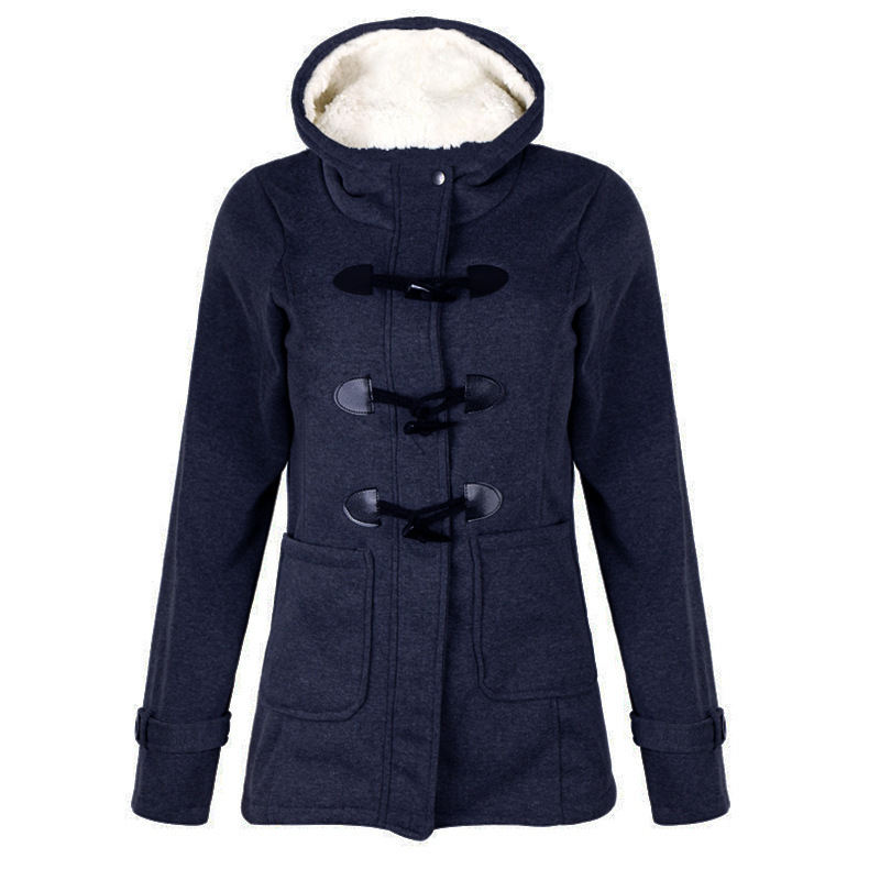 Women Warm Hooded Wool Double Button Coat - Back View