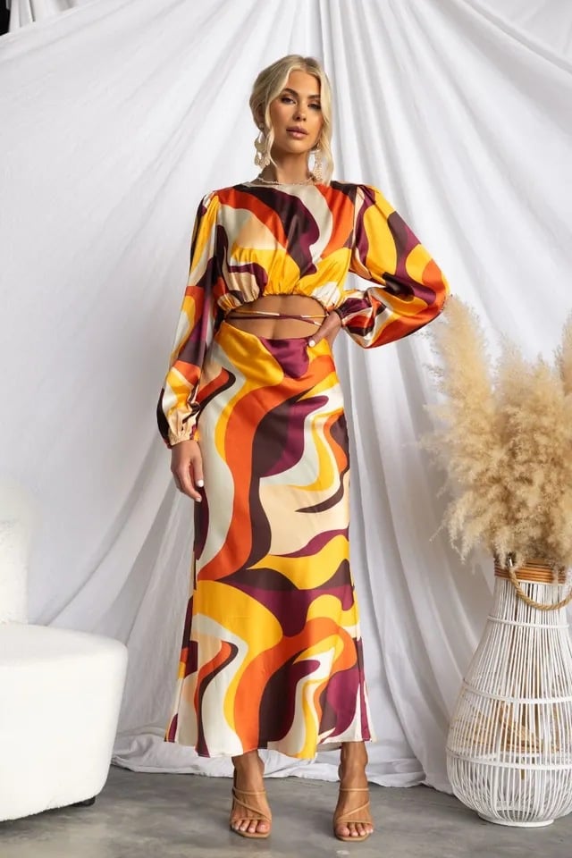 Gas Trend Printing Waist Hollow-out Navel Lace-up Long Dress - Image 3