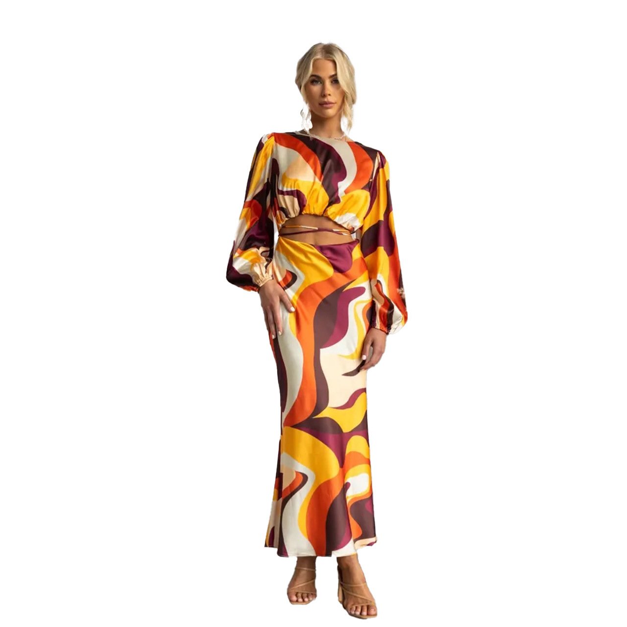 Gas Trend Printing Waist Hollow-out Navel Lace-up Long Dress - Image 5