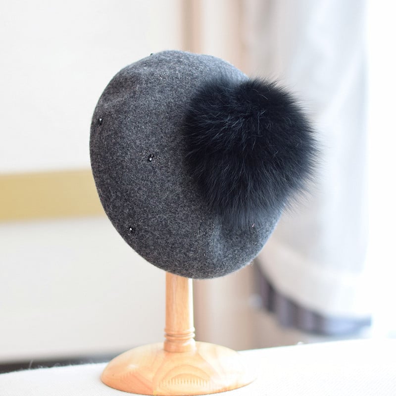 Women's Autumn and Winter Fox Fur Ball Vintage Wool Hat 3