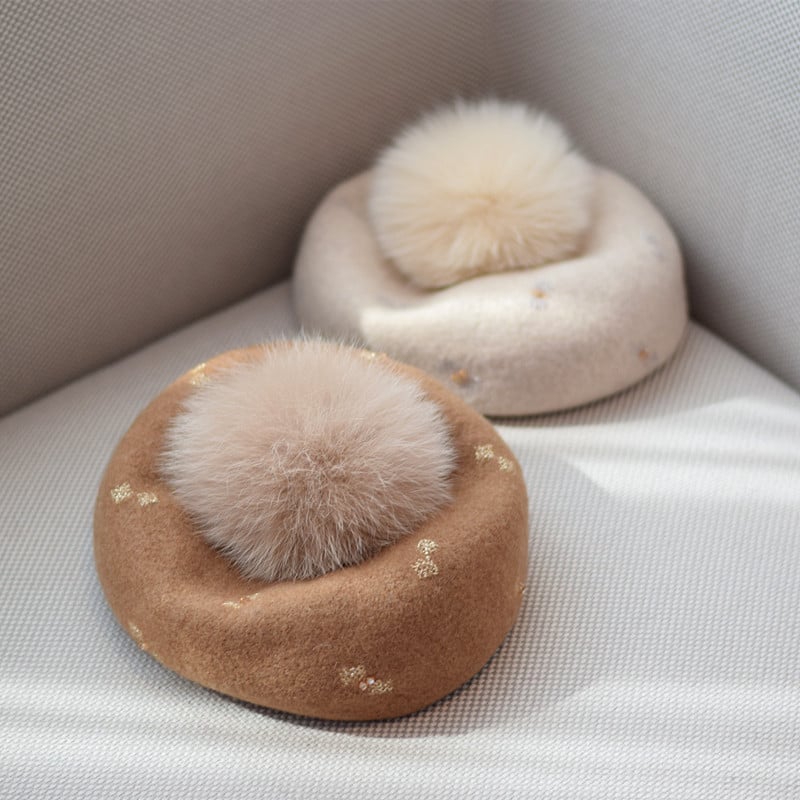 Women's Autumn and Winter Fox Fur Ball Vintage Wool Hat 4