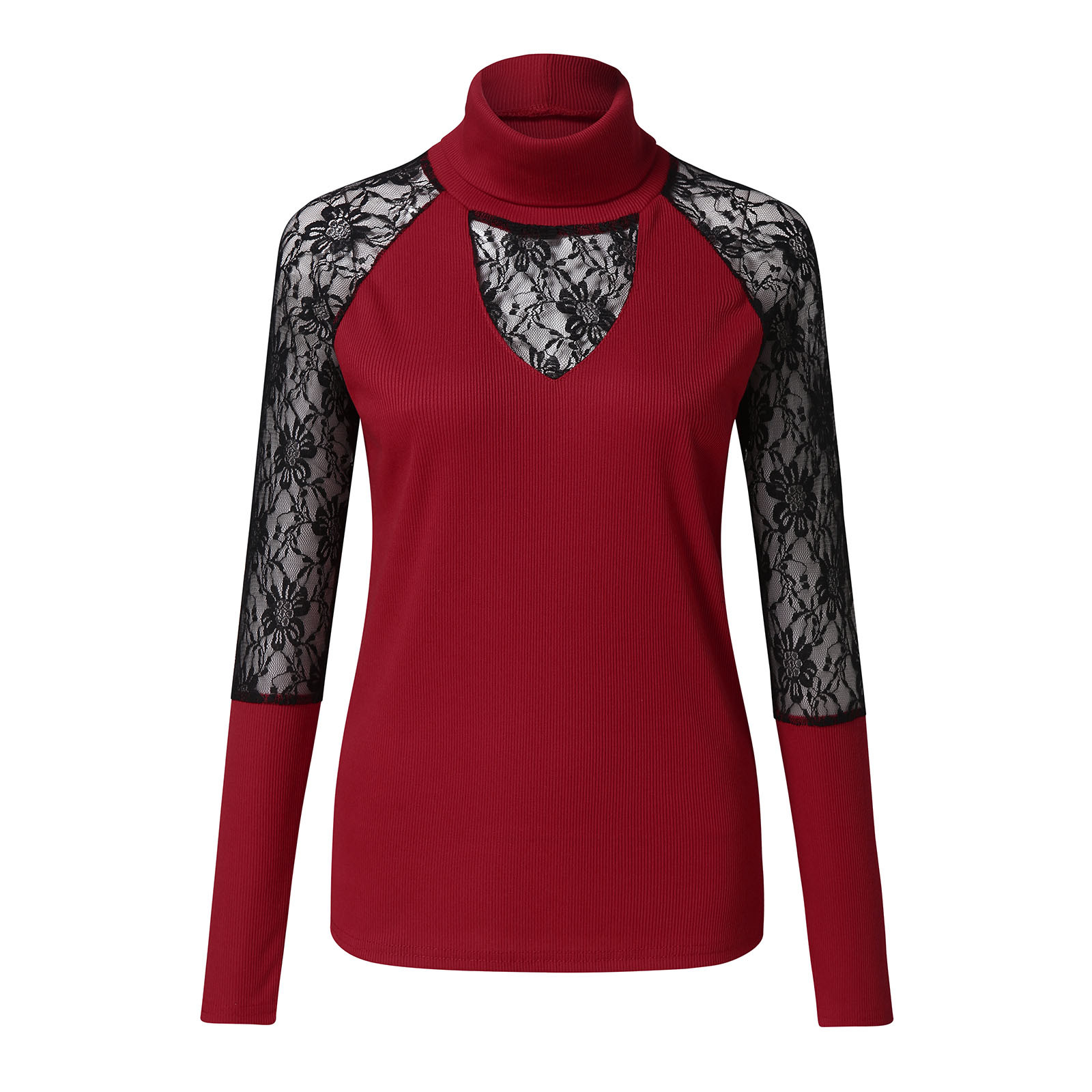 Long Sleeve Lace Patchwork Slim Top - Image 2