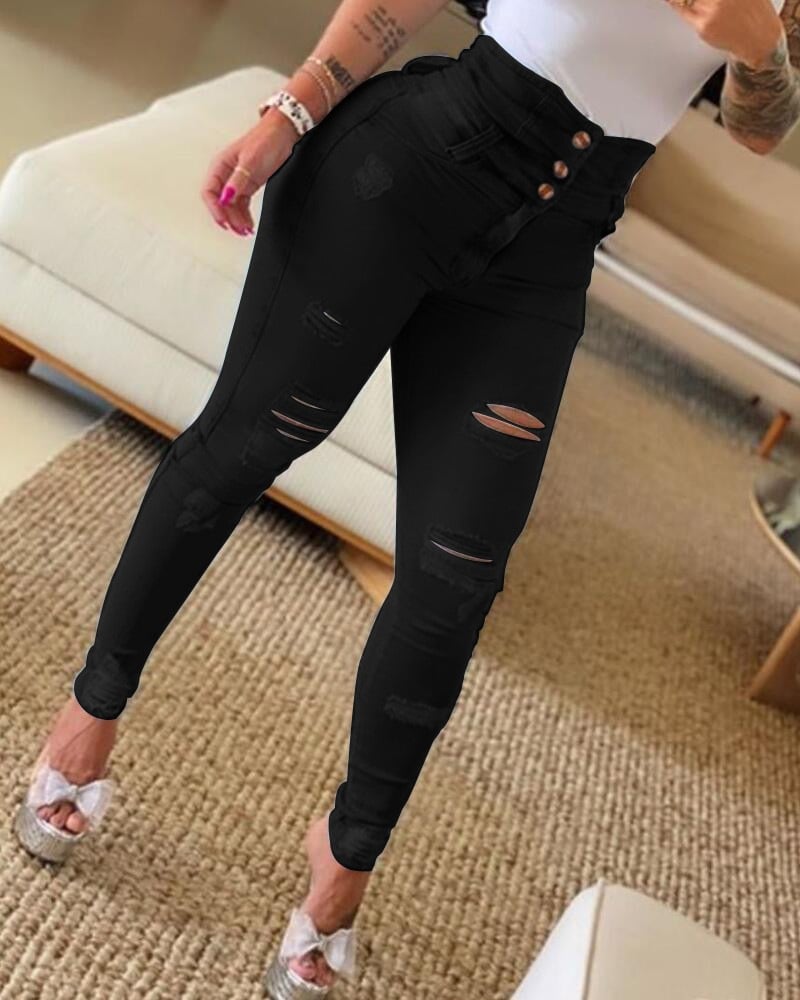 Slim High Waist Ripped Skinny Pants - Black