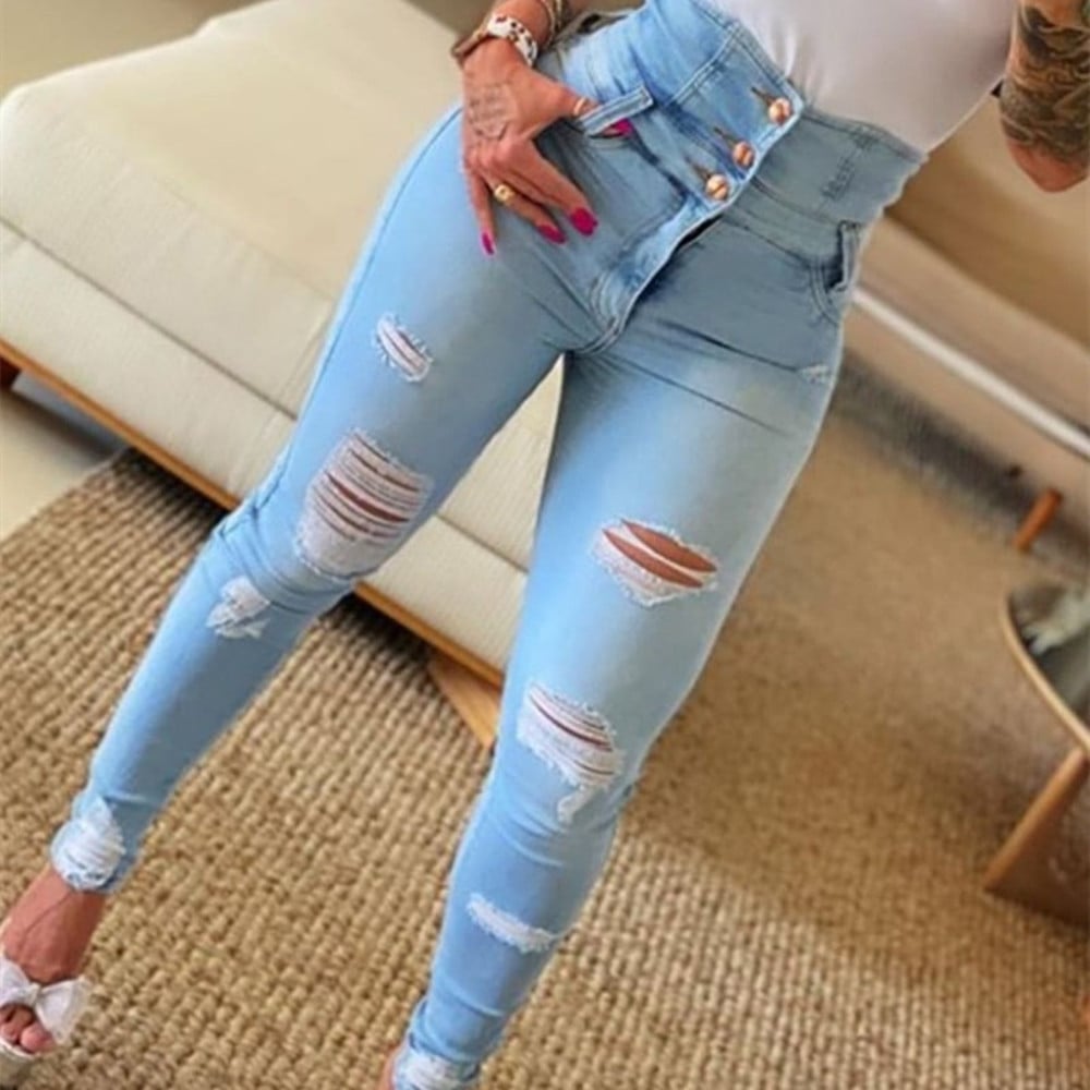 Slim High Waist Ripped Skinny Pants - Light Blue