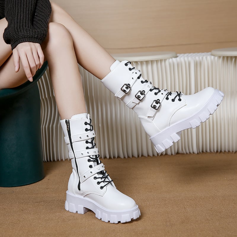 Buckle Lace-up Side Zip Punk Women's Mid Boots 5
