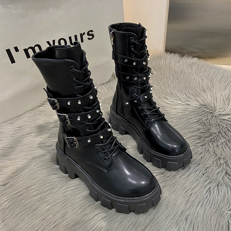 Buckle Lace-up Side Zip Punk Women's Mid Boots 4
