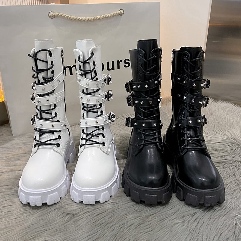 Buckle Lace-up Side Zip Punk Women's Mid Boots 7
