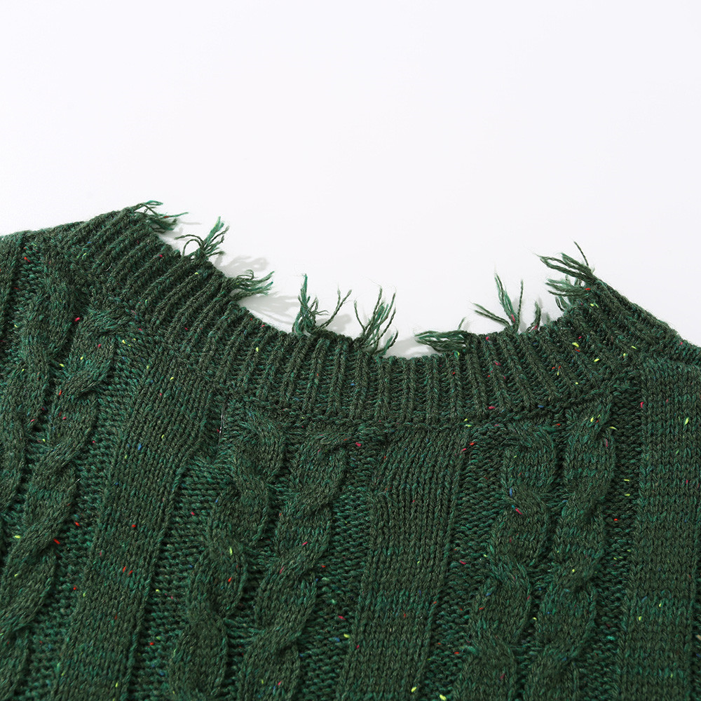 Pure Color Jacquard Twist Ripped Sweater