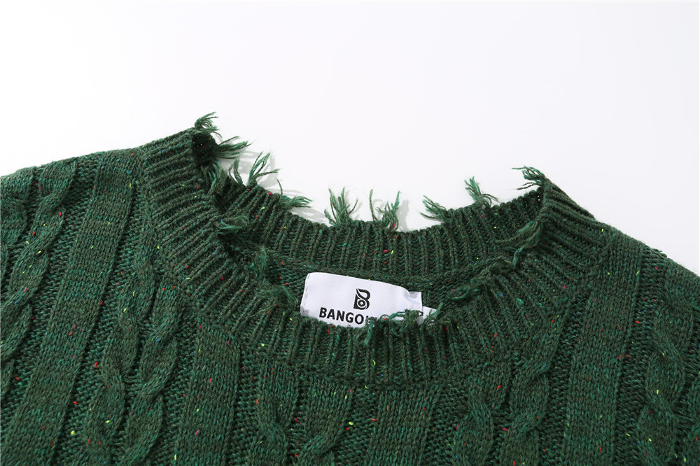 Pure Color Jacquard Twist Ripped Sweater