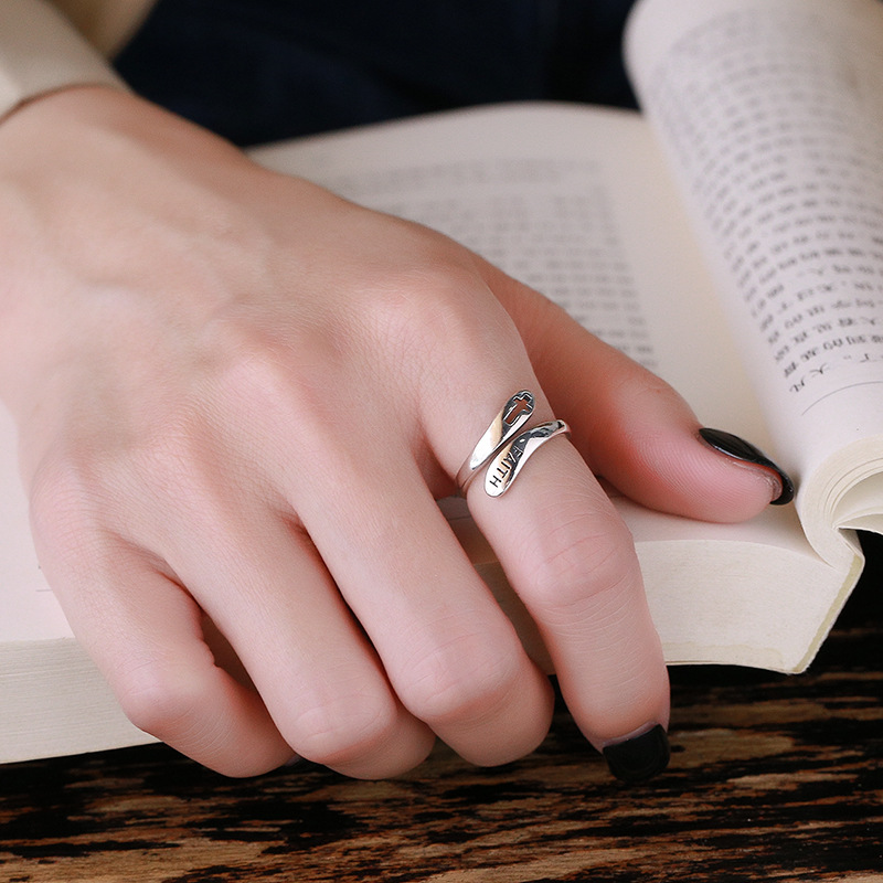 Silver Ring Hong Kong Style Faith Cross - Image 1
