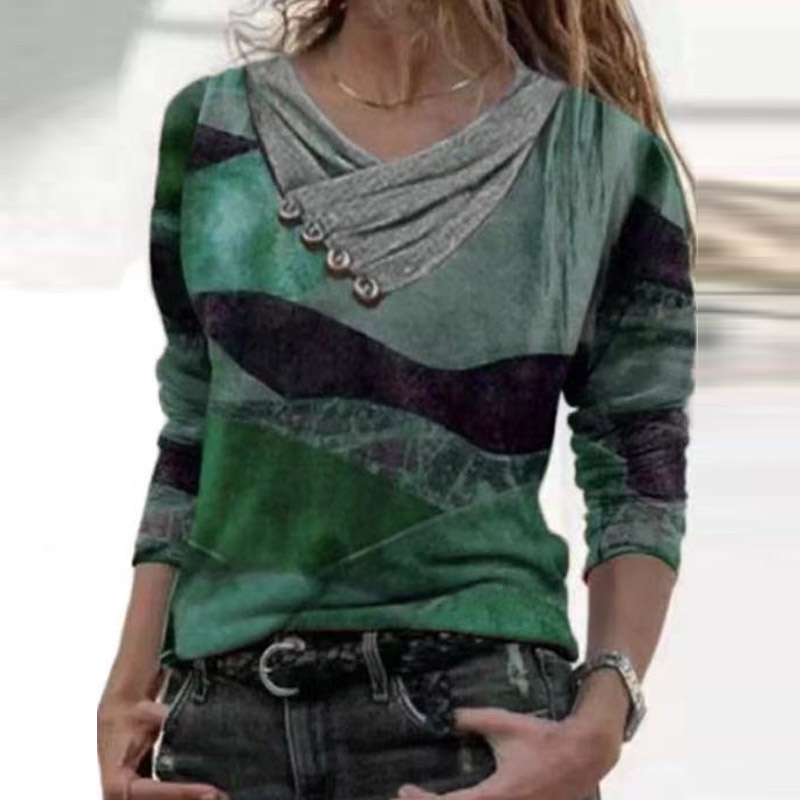 Loose V-Neck Long-Sleeved Printed T-Shirt Top