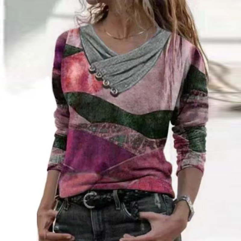 Loose V-Neck Long-Sleeved Printed T-Shirt Top
