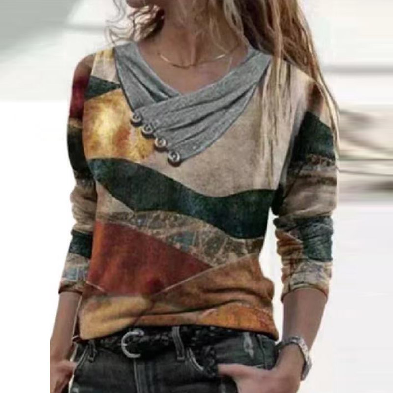 Loose V-Neck Long-Sleeved Printed T-Shirt Top