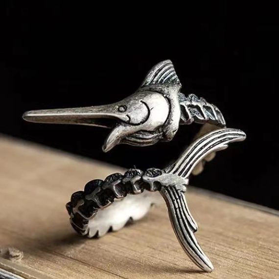 Retro Silver Wide Flying Fish Ring Image 1