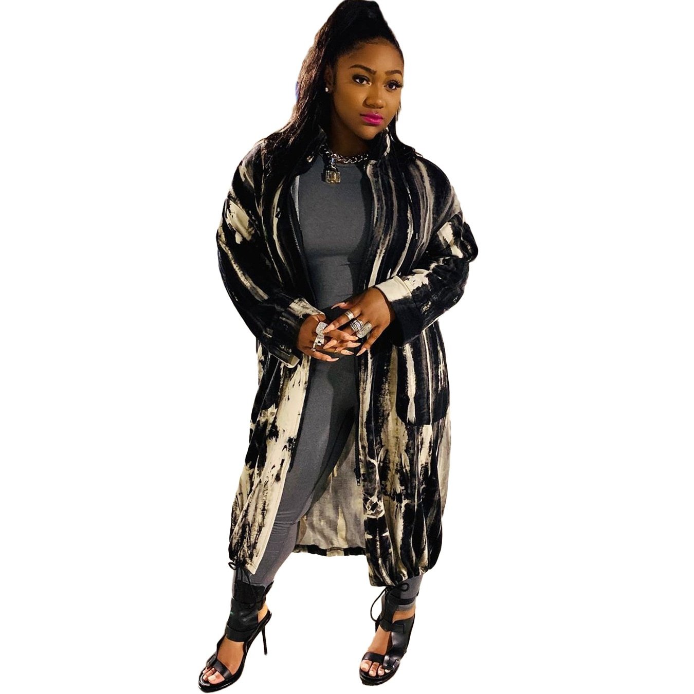 Women's Long Casual Printed Zipper Trench Coat - Image 3