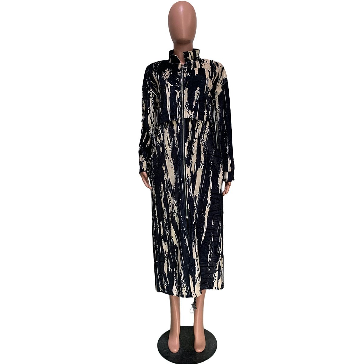 Women's Long Casual Printed Zipper Trench Coat - Image 4