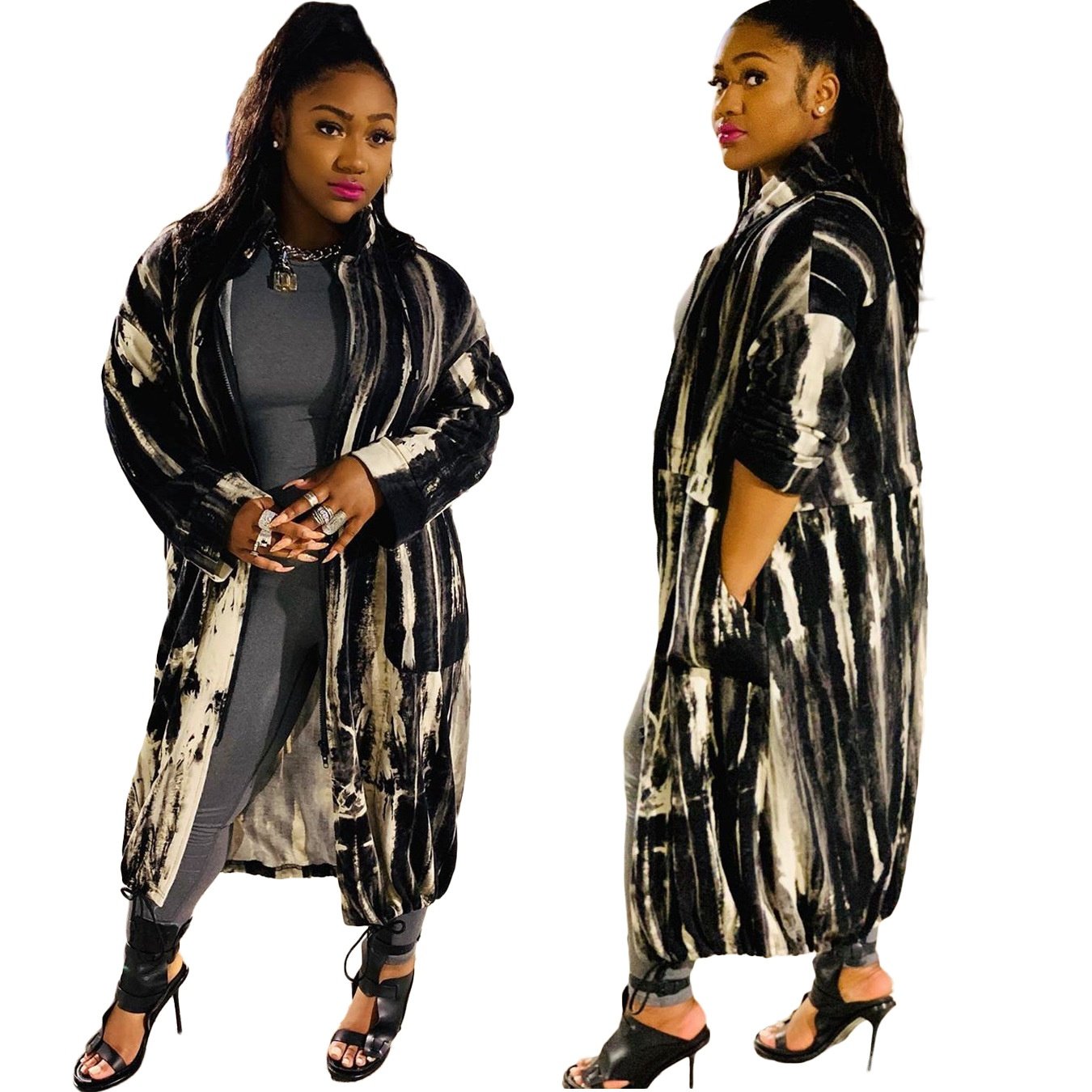 Women's Long Casual Printed Zipper Trench Coat