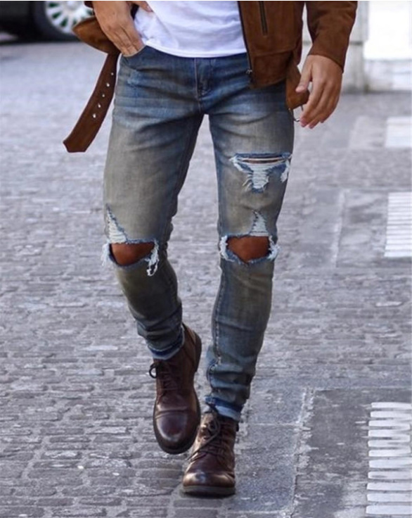 Men's Knee Ripped Jeans in Dark Blue