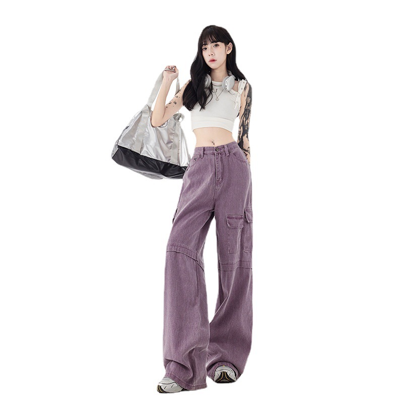 Purple Street Hot Girl Multi-pocket Workwear Jeans Image 4