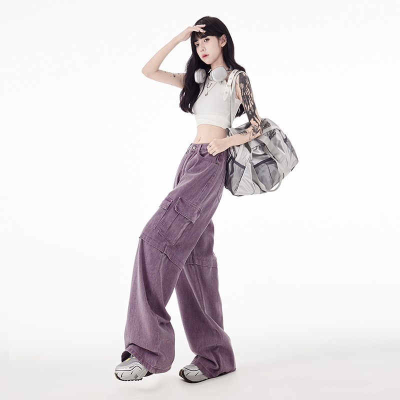 Purple Street Hot Girl Multi-pocket Workwear Jeans Image 6